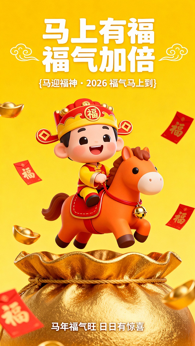 1. 主题：马上有福・福气加倍
萌 3D 卡通风格，高饱和度亮黄色背景，画面中心是头戴福字冠、身穿红黄相间喜庆服饰的卡通福神，笑容灿烂骑在造型呆萌的 橙色小矮马 上，小马配有红色鞍座与金色铃铛装饰。画面底部露出一个巨大的金色福袋边缘，空中散落着红色福字与金色元宝。文字排版：
顶部白色艺术字标题：“马上有福 福气加倍”（左右有对称的祥云线条装饰）
标题下方深黄色花体小字副标题：“{马迎福神・2026 福气马上到}”
底部白色小字：“马年福气旺 日日有惊喜”