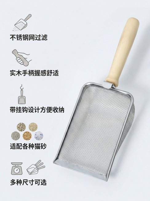 [主图 2] 猫砂铲核心卖点展示，突出不锈钢网卖点
[氛围/风格] 专业品质感，干净明亮，高清实拍
[画面元素] 猫砂铲产品位于画面偏右侧，左侧垂直排列五个核心卖点，每个卖点搭配简约小图标；背景为干净预览效果