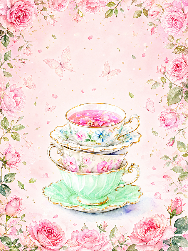 按照原比例生成背景：柔和渐变浅粉色背景，画面四周环绕蔷薇花枝与翠绿叶片，空中飘散飞舞淡粉色蝴蝶、细碎花瓣、嫩绿小叶、金色闪粉点点，上下边缘有盛开的玫瑰花边框装饰，整体氛围梦幻，不改变主体图一，超清8k