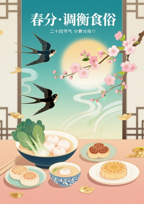 国潮插画风格，二十四节气春分饮食指南海报，画面主体是春菜、汤圆、太阳糕等春分传统食物，搭配飞燕、盛放的桃花、均分的昼夜光影等春分节气元素，顶部有文字"春分·调衡食俗"，整体色调明媚雅致，传统国风配色，预览效果
