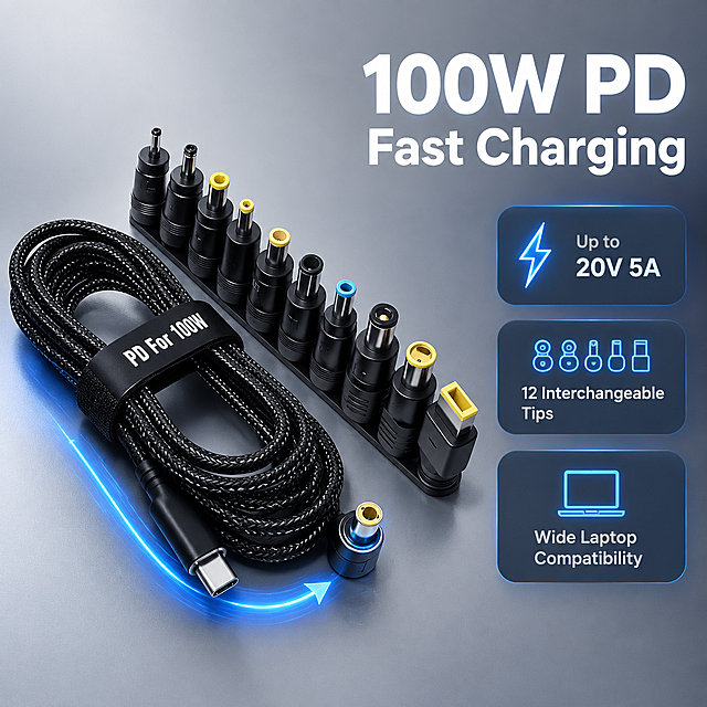[主图-2] 核心价值图，突出100W PD快充与多接头兼容能力，回答"为什么值得买"。
[统一基调] 冷灰色渐变科技背景（浅灰到中灰），整体克制信息图风格。主标题白色粗体无衬线字，辅助文字浅灰色，强调色为电光蓝（用于功率数字和电流光效），圆角卡片样式统一。
[画面] 画面中央偏左为产品主视觉：黑色编织PD线盘绕+3款代表性转接头（DC5525圆头、方口联想头、细口圆头）斜向摆放，占画面约50%。右侧为核心价值信息区，上方大字号主标题"100W PD Fast Charging"，下方配3个圆角信息卡片竖向排列：第1张卡片配闪电图标+"Up to 20V 5A"；第2张卡片配多接口图标+"12 Interchangeable Tips"；第3张卡片配笔记本图标+"Wide Laptop Compatibility"。卡片之间有细微间距，整体右对齐。左下角有一条细微的蓝色电流光效从USB-C头流向DC头，暗示PD诱骗供电方向。
[光影质感] 商业摄影质感，产品融入冷灰背景，主光从左上方来，产品底部有柔和投影，金属接口有蓝色环境光反射，编织线纹理清晰。信息卡片有轻微浮起阴影，层次分明。
[配色] 背景：冷灰渐变；文字：白色主标题+浅灰辅助文；强调：电光蓝；产品：黑色。
[文字版式] 主标题大号粗体无衬线英文，位于右上区域；卡片内图标在上、文字在下，字号层级清晰；所有文字为英文，无中文。
[输出要求] 1:1正方形，2048x2048，产品清晰，文字锐利可读，信息卡片不遮挡产品主体。负向：变形、错字、模糊、杂乱、水印、中文、平台Logo、产品悬浮、穿模。