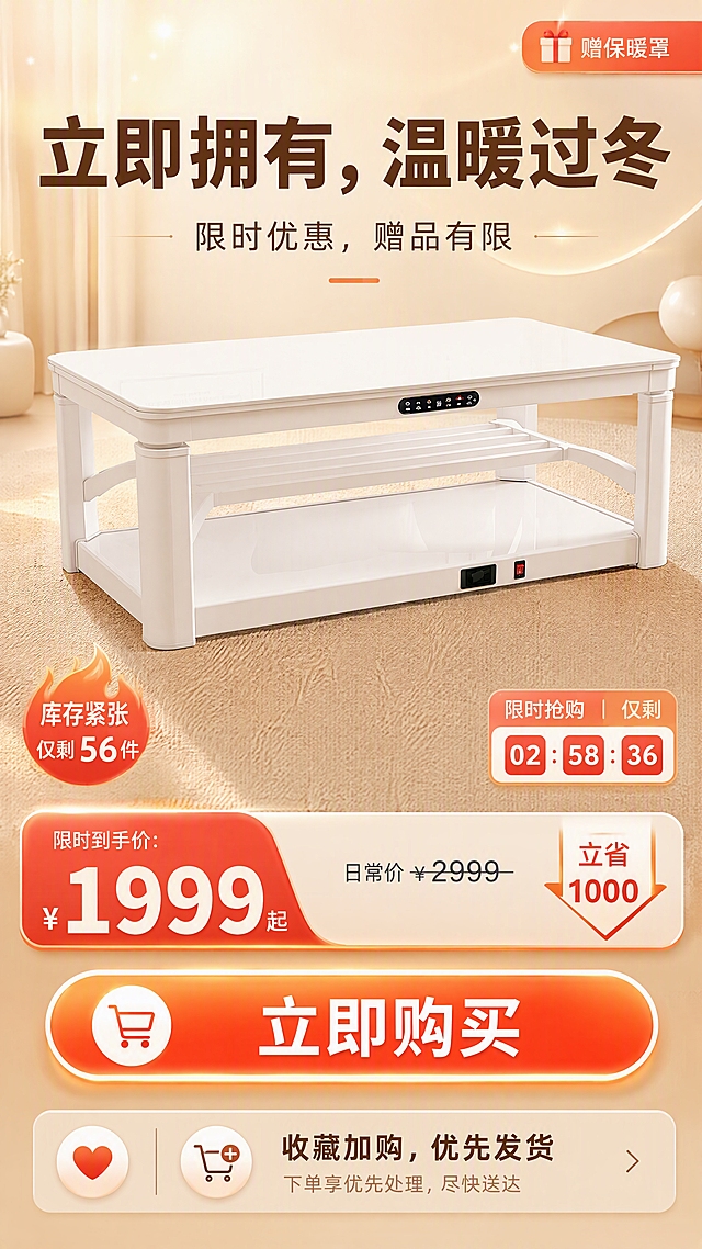 [商品] 使用【图1】A19智能升降岩板取暖茶几；保留米白色岩板台面、铝合金立柱、中层置物架、底部发热面板、控制面板、整体结构比例和颜色；产品45度角高清展示。
[画面] 购买引导页，产品主图居中偏上，占画面约45%；下方醒目的价格标签和"立即购买"大按钮；底部有"收藏加购"提示；背景为奶油色渐变，有淡淡的光晕和装饰元素；整体氛围热烈但不浮夸，促进转化；可添加倒计时或库存紧张提示元素增加紧迫感。
[视觉] 套系策略：风格=奶油风温馨家居商业摄影+京东专业严谨；标题字=思源黑体粗体大字；正文字=思源黑体常规体；主色=奶油米白；背景延展=基于奶油米白做深浅层级、同色渐变和细腻哑光质感，底部渐变暖橘色增加促销氛围；强调色=暖橘红，用于价格标签、购买按钮、促销标签；标题色=深暖棕；正文色=中暖灰；组件=圆角价格标签、高亮购买按钮、收藏加购提示条；光影=产品左前侧暖柔光，按钮有发光效果。
[文字] 顶部主标题大字："立即拥有，温暖过冬"；副标题："限时优惠，赠品有限"；价格标签醒目显示价格区（预留价格位置）；大按钮文字："立即购买"；底部提示："收藏加购，优先发货"；角落小标签："赠保暖罩"；所有文字横排，按钮文字加粗醒目。
[规格] 京东详情页单屏比例9:16竖版，分辨率4K，quality medium；避免变形、错字、文字过小、虚假促销、极限词、京东平台官方元素。