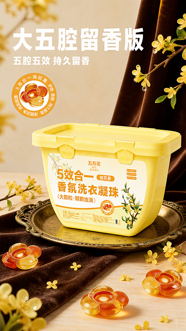 [第1屏] 详情页头图-桂花香五腔留香洗衣凝珠宣传海报。
[氛围/风格] 自然清新家居风，暖调桂花场景，高级商业摄影质感，画面干净温馨，凸显产品质感。
[元素布局] 使用【图1】作为商品主体，黄色包装盒洗衣凝珠放置在画面中心偏上位置，占画面65%左右。保持产品包装原有文字、颜色、结构、材质质感和桂花装饰元素完全一致。周围点缀新鲜桂花枝条和几颗散开的凝珠，背景采用浅米色原木桌面搭配深棕色丝绒布，营造自然温馨氛围，产品主体突出，不被遮挡。
[光影质感] 主光源来自左上方，柔和均匀照亮产品，右侧保留自然阴影，整体明暗层次清晰，产品边缘轮廓分明，包装文字清晰可见。
[配色色系] 全局底色：#F5F0E6（浅米暖调）；主体配色：#F9E076（产品盒黄）+ #D47500（橙红凝珠）+ #F2C94C（桂花黄）；辅助色：#5C3C33（深棕绒布）+ #DEB887（原木色）+ #222222（文字黑）。
[视角构图] 正面斜45度视角，主体居中，景深适中，左上方预留主标题区域，底部摆放散落凝珠和桂花装饰，整体构图稳定有呼吸感。
[文字版式] 左上方主标题「大五腔留香版」大字加粗，下方副标题「五腔五效 持久留香」小字补充，左上方圆形图标标注核心卖点「五效合一，持久留香」，文字清晰不遮挡产品主体。
[比例分辨率] 9:16 竖版比例，4K分辨率，文字清晰可辨，超高清。
[负向提示词] 产品变形，包装文字错乱，颜色偏差，结构错误，水印，文字模糊，背景杂乱，污渍恶心画面，绝对化宣传词。