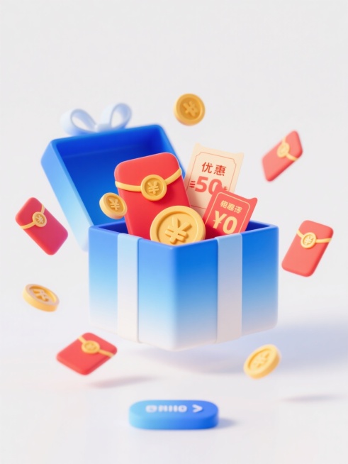 一个色彩改为蓝色渐变的卡通风格礼盒，礼盒内有红包、优惠券和金币等元素，周围有多个红包和金币飞出，底部有一个按钮，整体带有电商促销的欢快氛围，白色背景，柔和的光影效果，平滑的渐变过渡，简洁的构图，充满活力的设计感，突出促销优惠的主题。预览效果