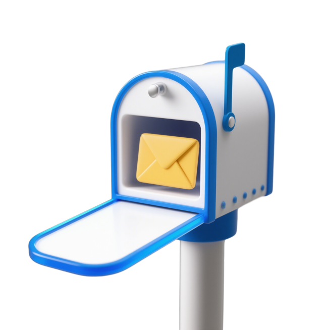 邮箱图标，造型精美，3D立体风格，圆润边角设计，明亮的蓝白配色，偏透明的轻质感科技感，邮箱内有黄色信封，白色背景，邮箱为方形底座、圆柱形邮箱身的站立型，信封露出，整体呈现轻质感高级设计风格预览效果