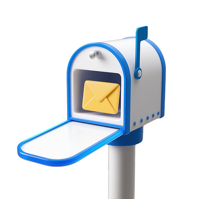 邮箱图标，造型精美，3D立体风格，圆润边角设计，明亮的蓝白配色，偏透明的轻质感科技感，邮箱内有黄色信封，白色背景，邮箱为方形底座、圆柱形邮箱身的站立型，信封露出，整体呈现轻质感高级设计风格
