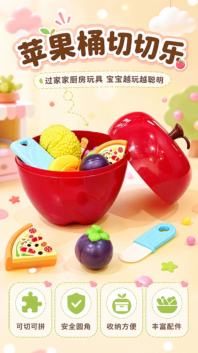 [商品] 使用【图1】红色苹果造型收纳桶切切乐玩具套装；保留苹果桶红色亮面外观、棕色果柄、蓝色小菜刀、黄色榴莲、紫色山竹、披萨片等配件的颜色、形状与材质；商品处理：保留整体结构与配件造型，轻微提升表面光泽与干净度，不改变商品形态与比例。
[画面] 页面目标：氛围头图，突出苹果收纳桶萌趣造型与丰富配件，吸引宝妈与小朋友注意力。构图：居中偏上主体，苹果桶开盖倾斜摆放，内部配件饱满露出，周围散落2-3件切切乐配件增加活泼感；主体占画面约65%；景别：中景；阅读动线：从上到下，顶部主标题，中部产品主体，底部卖点图标区；前中后景：前景散落小配件，中景苹果收纳桶主体，后景柔和渐变背景+光斑点缀。
[视觉] 套系策略：风格=萌系童趣商业摄影，温馨明亮；标题字=圆润粗黑体，圆角可爱；正文字=圆角无衬线体；主色=苹果红+暖米黄；背景延展=暖米黄渐变底，浅粉色柔光斑，云朵/圆点软萌元素点缀；强调色=嫩草绿，仅用于小图标、引线和标签；标题色=深暖棕；正文色=中暖灰；组件=圆角软底信息卡、圆点引线、可爱图标；光影=左前侧暖柔光，柔和阴影，整体明亮通透。
[文字] 顶部居中主标题：「苹果桶切切乐」（7字），副标题：「过家家厨房玩具 宝宝越玩越聪明」（14字）；底部横向排列4个卖点图标+短文案：① 可切可拼 ② 安全圆角 ③ 收纳方便 ④ 丰富配件；文字区不遮挡苹果桶主体与果柄，所有文字横向排版，字号保证手机端清晰可读。
[规格] 图片比例9:16竖版，分辨率4K，负向提示：避免变形、错字、文字过小、冷蓝背景、商品颜色改变、配件缺失、尖锐棱角、极限词、平台Logo水印。