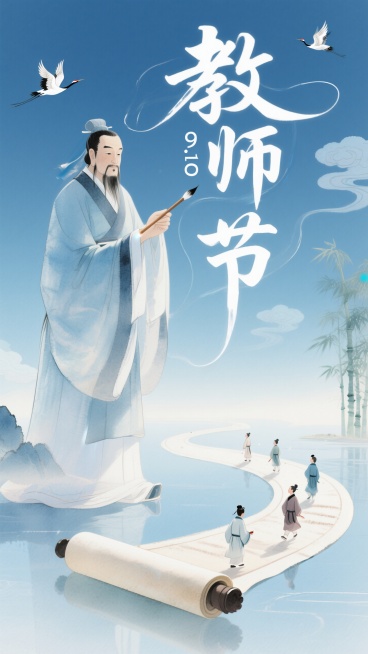 混合细腻彩铅质感，蓝青色为主色调。大师级排版设计，大字"教师节"，装饰日期：“9.10”；创意字体设计。线条流畅且富有艺术感，将字体进行抽象变形，创造出独特的节奏和动感，给人以强烈的视觉冲击。流畅扁平预览效果