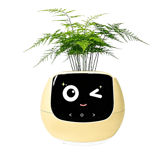 生成奶黄色款花盆：整体结构、白色底座、眨眼卖萌表情、文竹植物、光影、角度、背景与原图完全一致，只将花盆外壳主体颜色改为奶油黄/奶黄色（温暖柔和的浅黄色）。白色底座保持不变，表情保持不变，植物保持不变，屏幕和按键保持不变，光影质感保持不变。纯白色背景，产品居中。