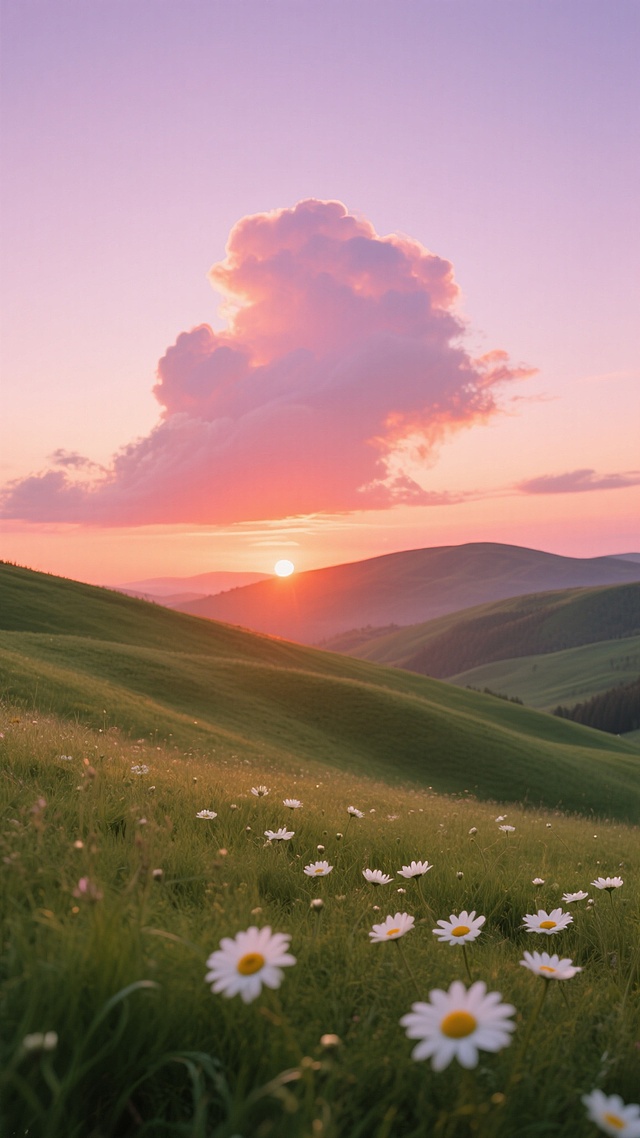 傍晚时分，夕阳余晖洒满起伏的绿色草坡，洁白的雏菊在柔和的橙红色光线下绽放，天空呈现出渐变的粉紫色调，大朵的云彩被染成温暖的橘粉色，远处的山丘轮廓在落日余晖中显得柔和而朦胧，整体画面呈现出宁静而温暖的氛围，色彩柔和，光影细腻，具有高清的视觉质感。