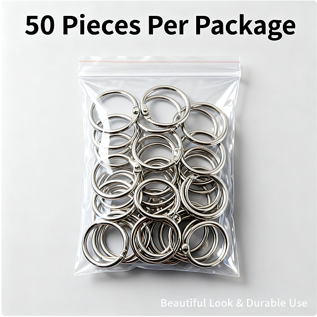 [Main Image 6] Package quantity display of metal open book rings.
[Atmosphere style] Clear quantity information, simple and intuitive cross-border style.
[Quality] Commercial photography, high-definition picture, clean picture.
[Elements] A sealed transparent package is placed in the center of the light gray background, the package contains 50 silver metal book rings, the product can be clearly seen through the transparent packaging, 50 pieces are neatly arranged. The product shape and material are consistent with the original input picture. No trademarks or Chinese characters.
[Light and shadow] Soft studio light, uniform penetration through the packaging, clearly show the quantity and product inside, reflective natural.
[Color matching] Background light gray, packaging transparent, product silver.
[Perspective composition] Centered composition, the packaging accounts for about 75% of the picture, complete display.
[Text layout] The top of the package has large words "50 Pieces Per Package", the bottom has the text "Beautiful Look & Durable Use", all text is in English, the font is clear, the contrast is strong, easy to read. No other redundant information.
[Proportion resolution] 1:1 proportion, 2048x2048 resolution, ultra high definition.
[Negative prompt] Blurry product quantity, deformed product, Chinese characters, trademark, messy packaging.