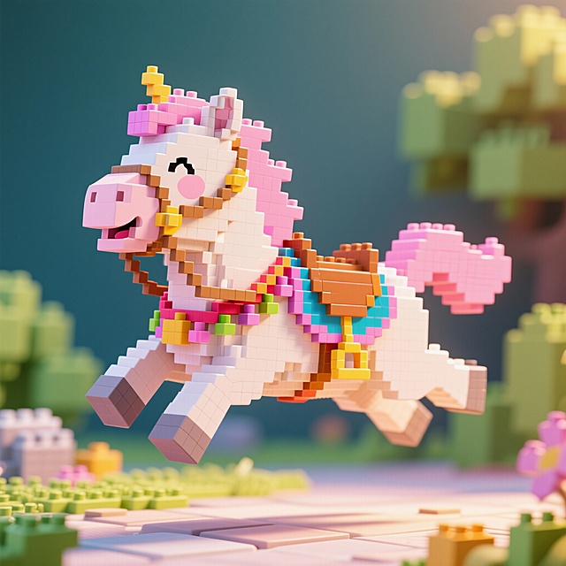 像素风独角兽，梦幻甜美元素融合软3D质感，卡通可爱造型跃动于虚拟森林，充满童趣与节日欢愉。
