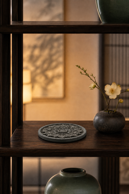 雕花圆形茶杯底托平放于新中式博古架层板，采用水平正常平视视角，不倾斜竖立，搭配旁边小花瓶花艺摆件，保留雅致会所展示场景，无文字，产品8x8cm尺寸0.6cm厚度，雕刻细节清晰，高清写实预览效果