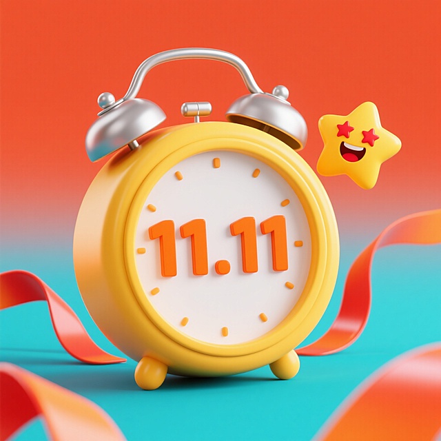 一个具有3D立体效果的卡通风格闹钟，主体为明亮的黄色，顶部有两个银色金属质感的圆形挂环，钟面为干净的白色，上面用醒目的橙色粗体数字显示“11.11”，闹钟边缘有圆润的弧度，整体造型可爱。闹钟右侧有一个黄色的星形表情符号，表情符号有红色的星星眼和张开的嘴巴，显得非常兴奋和醒目。闹钟下方有几片橙红色渐变的飘带，飘带呈现出柔和的弯曲形态，带有光泽感。整个画面以橙红色为背景，色彩明亮欢快，光影效果柔和，具有明显的卡通质感和立体感，整体设计充满活泼、喜庆的氛围，视觉层级清晰，主体闹钟和“11.11”数字最为突出，符合促销活动的宣传目的和活泼的设计感。