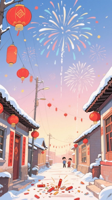 二次元卡通，东北，街道烟花，氛围欢乐、过年，浅红色、浅黄色，不要人物，细节丰富，9:16，生成二张预览效果