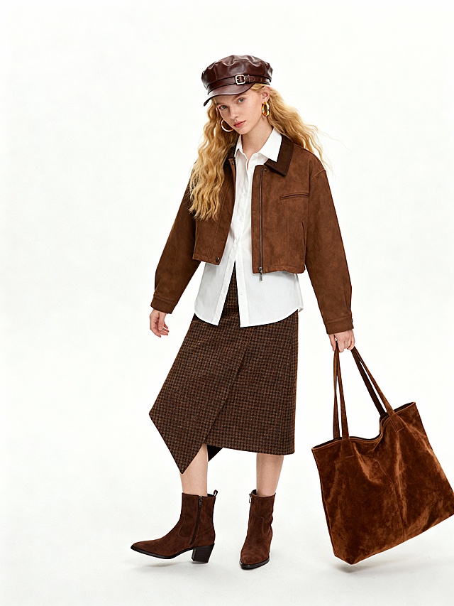 美式复古风搭配，棕色麂皮夹克与格纹裙交织优雅与文艺感，皮革贝雷帽与绒面托特包强化复古质感，整体造型时尚而富有层次。
