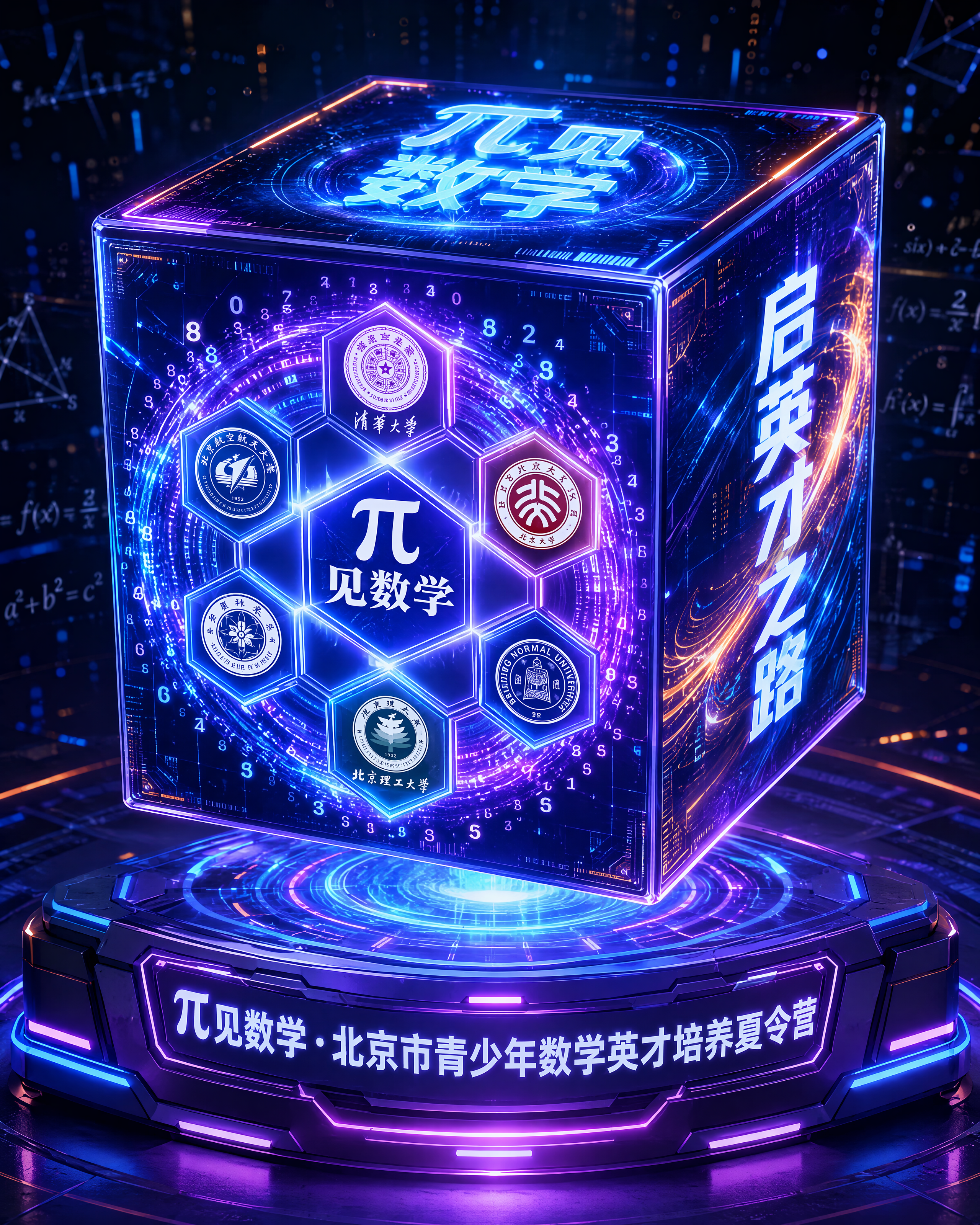 一个大型科技感正方体装置立体效果图，放置在蓝紫渐变发光底座上，… - 图片创意预览