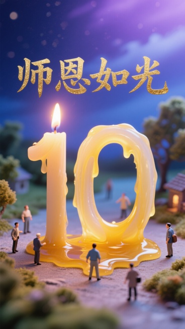 融化的蜡烛的烛油，慢慢汇聚成数字 “10”，背景是深邃而温柔的蓝紫色夜空，蓝色与紫色相互交融，过渡自然，在蜡烛下方，展开着烫金质感的艺术字体 “师恩如光”。字体的笔画粗壮有力，预览效果