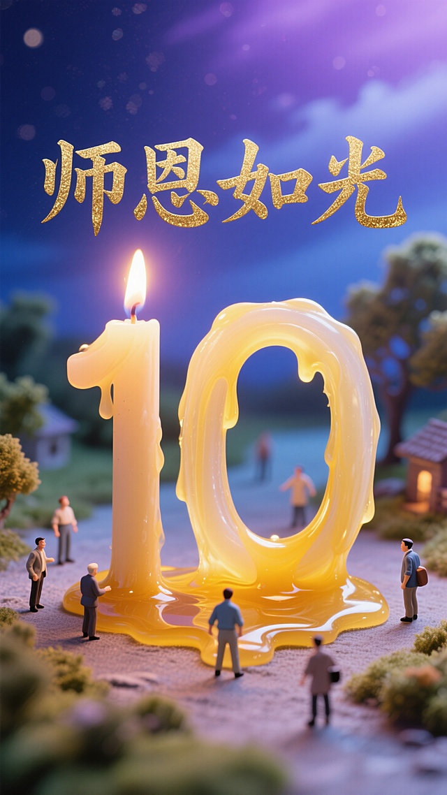 梦幻3D微缩艺术，液态数字“10”烛光闪耀，师恩如光主题温馨感人。
