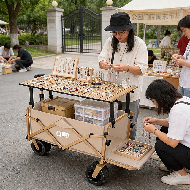 保留原图中的卡其色露营推车主体，在露营推车桌板上摆满手工饰品，推车内放置收纳箱，场景为公园门口周末市集摆摊，有手作店主在整理饰品，顾客在翻看挑选，文艺清新风格，户外自然光，真实摄影风格