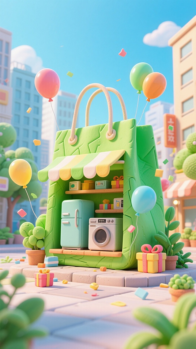 软3D风卡通场景，绿色购物袋化身小店，搭配气球与礼盒，营造梦幻喜庆氛围，清新可爱感十足，节日气息浓厚。