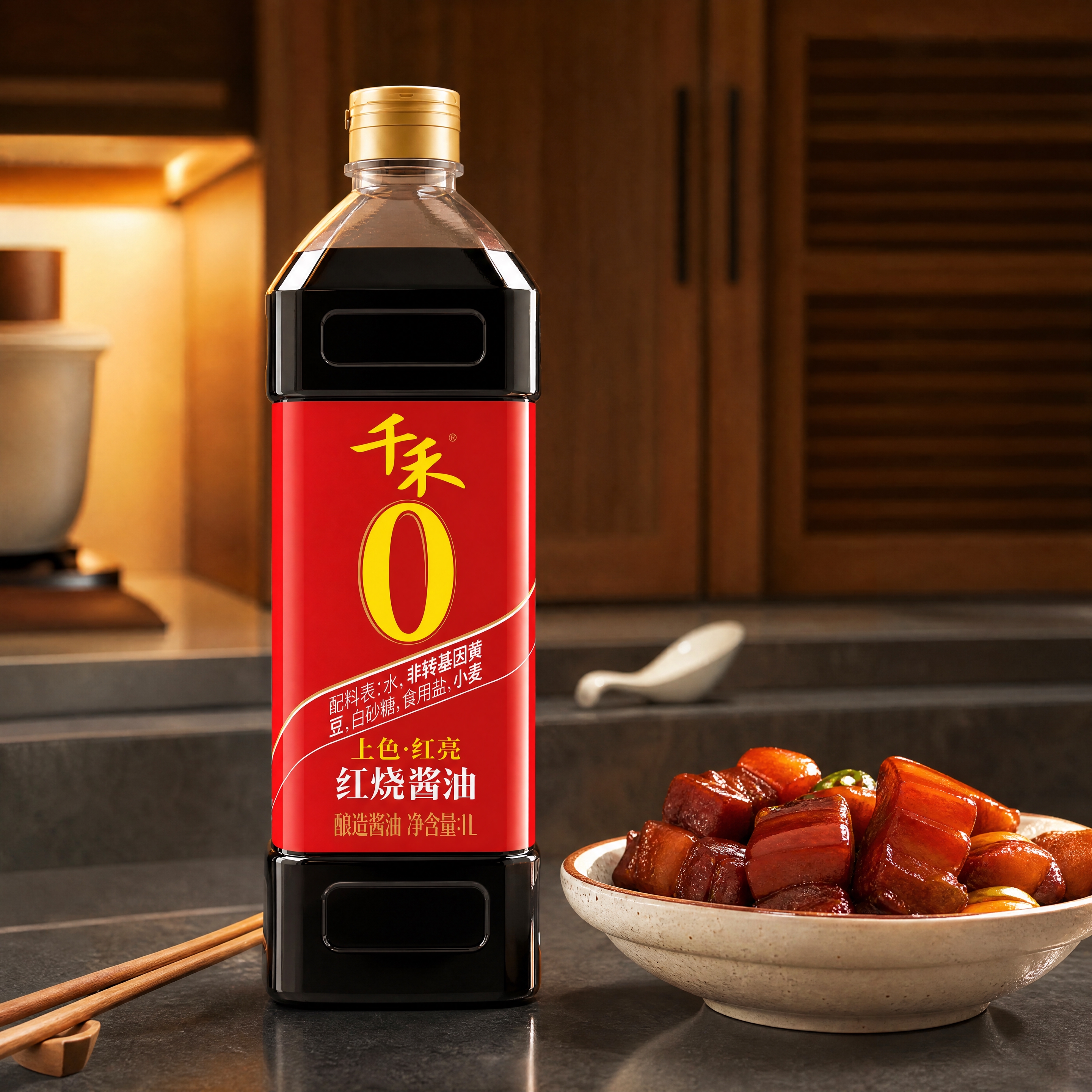 超写实厨房场景摄影。 主体：一瓶千禾红烧酱油（老抽）严格参照上… - 图片创意预览
