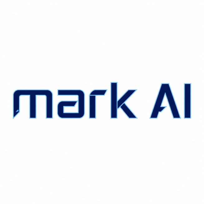 干净的纯白背景。平面艺术字体设计，4个主体文字"mark AI"，所有文字单行横向排列，现代极简科技风格，无衬线字体，几何化切割处理，线条简洁流畅，深蓝主体色，浅蓝描边。仅包含这4个字："mark"、预览效果