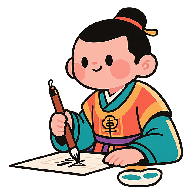 生成一个书法APP的IP形象拿着毛笔的小男孩，身着汉服，二d形象，模样可爱