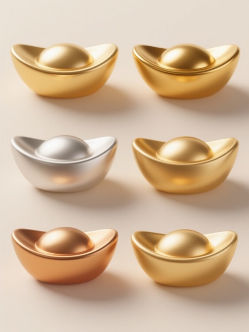 6个不同配色、不同样式、不同材质的「金元宝」造型，每个元宝具有3D立体效果，平滑圆润的曲面，清晰的高光和阴影，呈现出金属光泽质感，浅色背景，上下两行对齐排列，每个元宝间距均匀，整体构图简洁平衡。预览效果