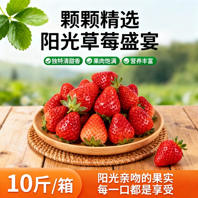 一张水果促销海报，保持原画面的排版布局和配色方案不变。主体是一盘新鲜的草莓，草莓色泽鲜红，表面有自然的光泽和细小的草莓籽，果蒂翠绿。盘子是木质的，放在编织的垫子上，垫子置于木质桌面上，旁边散落着一颗完预览效果