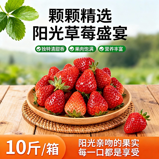 一张水果促销海报，保持原画面的排版布局和配色方案不变。主体是一盘新鲜的草莓，草莓色泽鲜红，表面有自然的光泽和细小的草莓籽，果蒂翠绿。盘子是木质的，放在编织的垫子上，垫子置于木质桌面上，旁边散落着一颗完整的草莓。背景是模糊的绿色自然景观，左上角有几片绿色的叶子。海报上方有大标题文字“颗颗精选 阳光草莓盛宴”，下方有三个绿色图标和文字描述“独特清甜香”、“果肉饱满”、“营养丰富”，底部有橙色价格标签“10 斤/箱”和宣传语“阳光亲吻的果实 每一口都是享受”。整体设计突出水果的新鲜诱人，信息传达清晰，符合水果促销的主题和目标受众的审美。