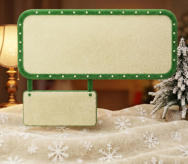 将图示礼盒变成毛绒绒质感，还原商品颜色细节，不要更改图片形态。放在米白色毛绒毯上（点缀雪花装饰），背景为台灯、积雪圣诞树摆件。