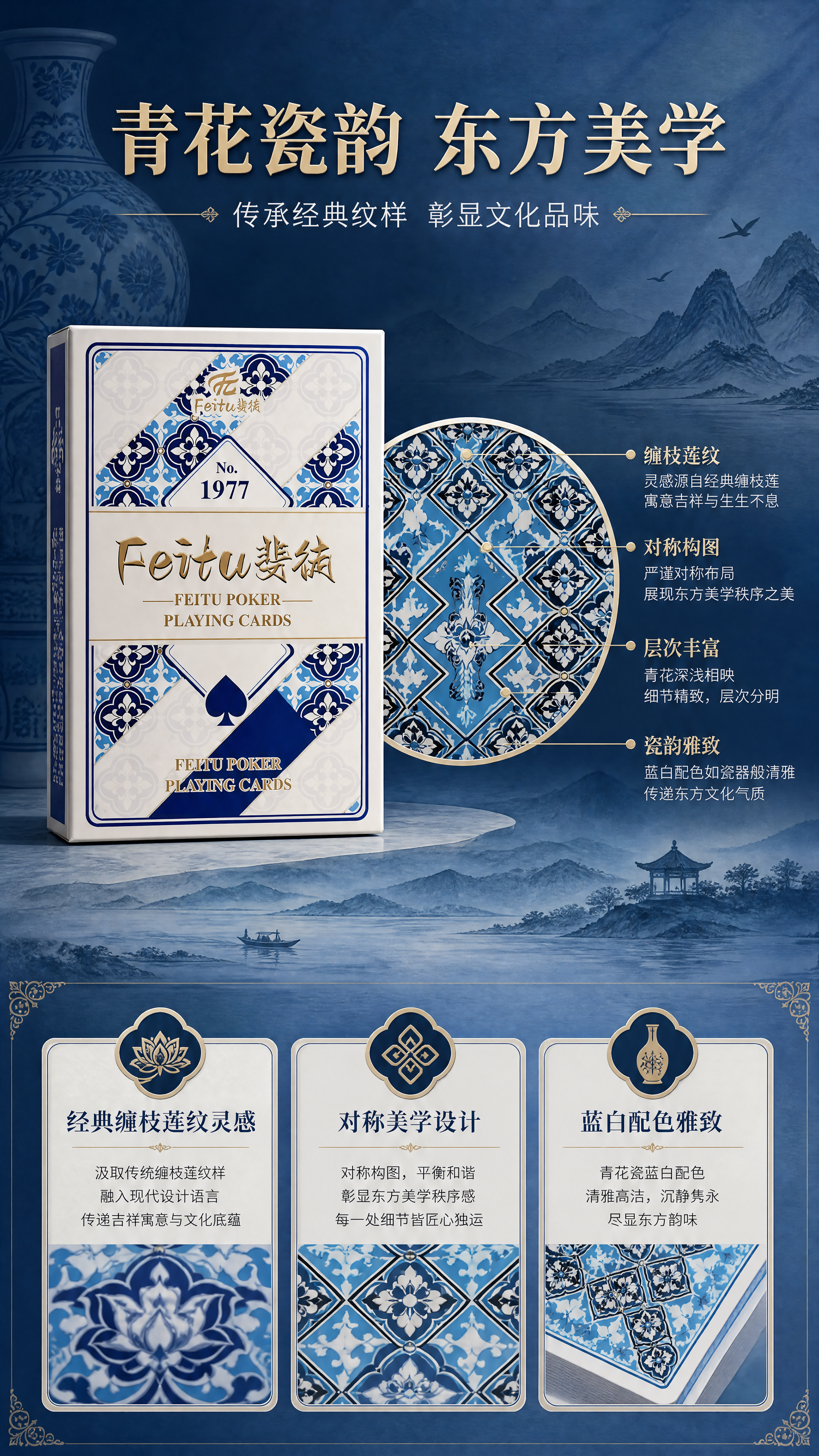 [商品] 使用【图1】【图3】斐徒扑克牌包装盒及牌背；保留青花… - 图片创意预览
