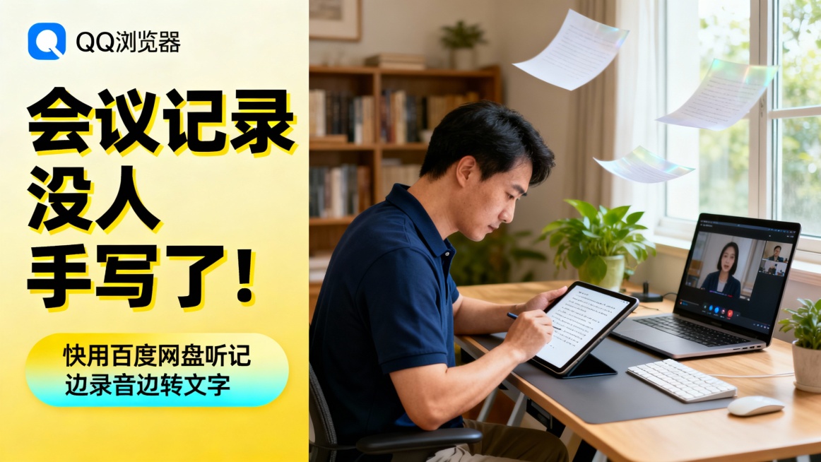 左侧浅黄渐变背景配QQ浏览器蓝白logo，大号黑黄立体标题“会议记录没人手写了！”，下方黄色渐变按钮“快用百度网盘听记 边录音边转文字”；右侧实拍一位30岁左右男性（深蓝Polo衫）在家用升降桌前工作预览效果