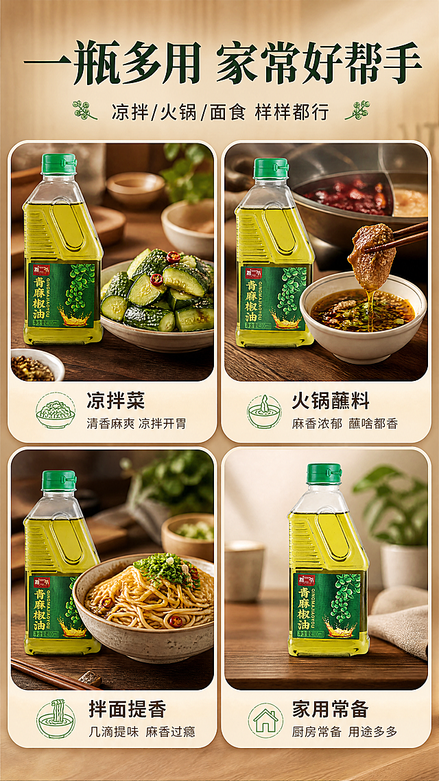 [商品] 使用【图2】雅二爷青麻椒油400ml单瓶白底图；保留透明方瓶、绿色瓶盖、绿色标签、雅二爷Logo、青麻椒油字样、400ml净含量文字；商品处理：保留瓶身原貌，缩小后分别置入3个场景卡片中作搭配展示。
[画面] 目标：场景种草页，展示青麻椒油的多种吃法与适用场景。构图：场景拼图型，2×2圆角卡片布局，共3个场景卡片+1个产品主图卡片。卡片内容：左上=凉拌黄瓜菜品，右上=火锅蘸料碗，左下=凉面拌面，右下=产品瓶特写。主体位置：四张卡片均匀分布，每张卡片内菜品与产品同框。景别：每张卡片为中近景。阅读动线：从上到下、从左到右。前中后景：每张卡片内有前景餐具、中景菜品+产品、后景虚化餐桌。
[视觉] 套系策略：风格=中式家常烟火气商业摄影；标题字=宋体粗体（厚重有食欲）；正文字=简洁黑体；主色=深墨绿+暖木棕；背景延展=基于暖木棕做深浅层级、同色渐变和木质桌面质感；强调色=青花椒绿，仅用于小面积图标、引线和标签；标题色=深墨绿；正文色=深棕灰；组件=圆角浅底信息卡、细线引线、菜品小图标；光影=每张卡片内统一暖柔光，菜品有食欲感光泽。
[文字] 顶部主标题「一瓶多用 家常好帮手」，副标题「凉拌/火锅/面食 样样都行」，每张卡片下方配短标签：「凉拌菜」「火锅蘸料」「拌面提香」「家用常备」；文字清晰可读，不遮挡菜品主体。
[规格] 京东平台单屏9:16竖版，4K，负向提示：避免变形、错字、文字过小、冷蓝背景、瓶身文字错乱、极限词违禁词、京东Logo或水印。