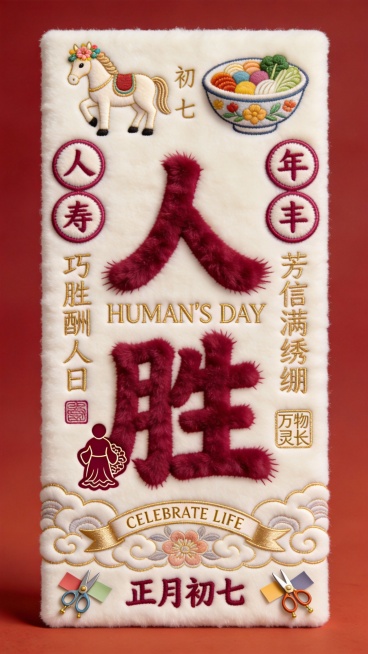 【马年大年初七毛茸茸国潮红包设计】

材质与色调：采用奶白色短绒为基底，主视觉元素使用蓬松长绒材质塑造立体感，点缀玫瑰金植绒与雪白毛绒细节，整体呈现人日祥瑞的质感。

核心视觉元素：

中央以品红蓬松预览效果