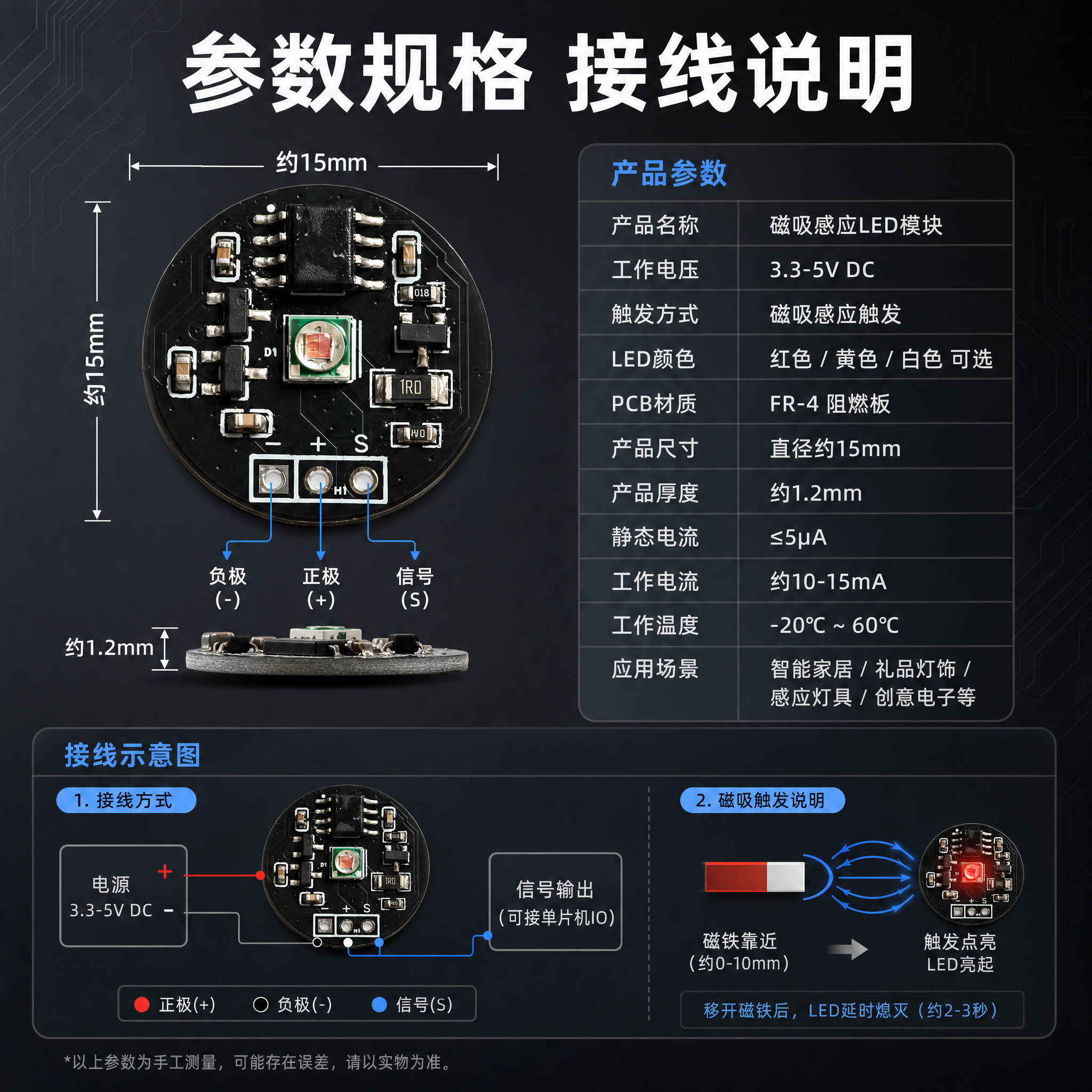 [主图-5] 产品参数与接线说明图，展示磁吸感应LED模块的尺… - 图片创意预览