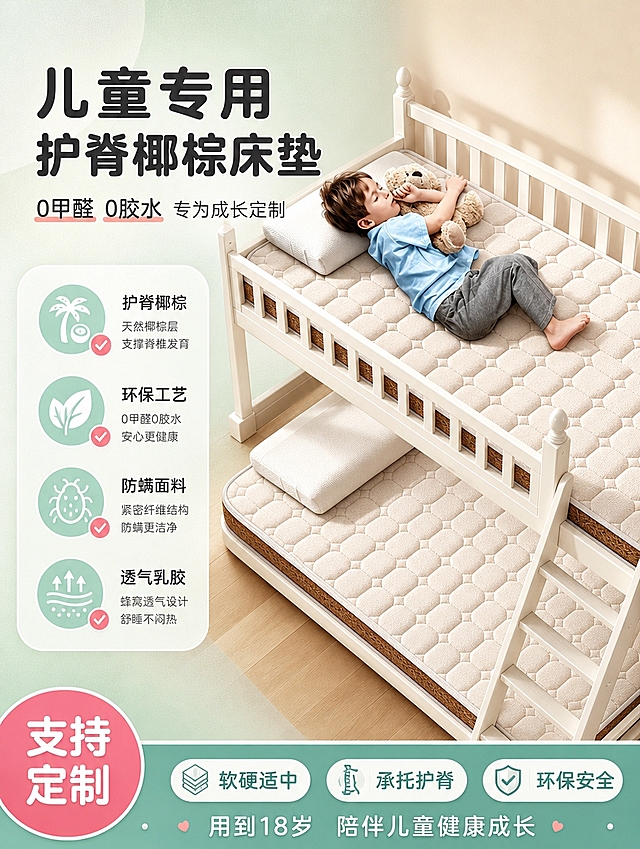 [商品] 使用【图2】上下铺主图儿童护脊椰棕床垫；保留白色上下铺床架、床垫米白绗缝表面、椰棕侧边材质、小男孩睡姿、左下角粉色圆形「支持定制」标签、底部三个卖点标签；增强床垫面料纹理与椰棕层质感，理顺画面光影，不改变床垫结构和颜色。
[画面] 页面目标：产品核心总览，建立儿童专用护脊椰棕床垫的第一印象。左文右图构图，右侧产品主图占画面60%，左侧文字信息区。产品角度为微俯视45度，展示上下铺双层效果与床垫厚度。阅读动线从左上标题到右侧产品再到底部卖点。
[视觉] 套系策略：风格=温馨清新国内电商母婴风；标题字=圆润粗黑体；正文字=简洁无衬线体；主色=薄荷绿+米白；背景延展=基于薄荷绿做深浅渐变、柔和光晕与细腻织物质感；强调色=珊瑚粉，仅用于小面积图标、对勾和标签；标题色=深炭灰；正文色=中暖灰；组件=圆角信息卡、软萌图标、柔和阴影；光影=顶部暖柔光，整体明亮通透。
[文字] 左侧上方大标题两行「儿童专用」「护脊椰棕床垫」，副标题「0甲醛 0胶水 专为成长定制」。下方4个圆角图标+文字并排：护脊椰棕、环保工艺、防螨面料、透气乳胶。底部横条文案「用到18岁 陪伴儿童健康成长」。文字横向排版，不遮挡床垫主体。
[规格] 图片比例3:4竖版，4K分辨率，避免变形、错字、文字过小、冷蓝灰背景、颜色失真、绝对化用语。