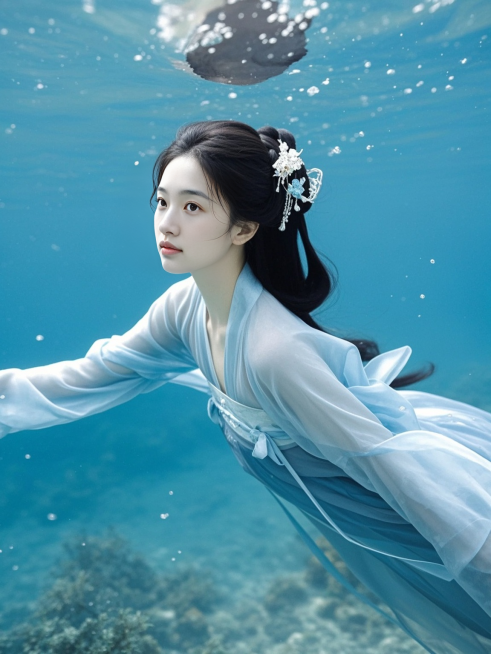 一名女生在深海之中，直视镜头，洛神装扮，头戴古装饰品，身着汉服，唯美梦幻感预览效果