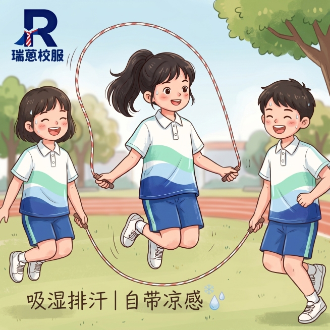小学语文插画风格，三个小学生穿着三水标准款校服：白色翻领polo短袖，正面带有浅绿浅蓝深蓝波浪渐变条纹，搭配深蓝色短裤，在学校操场进行三人跳绳，正确的瑞蒽LOGO（深蓝色R字母配红白条纹领带，下方带瑞预览效果