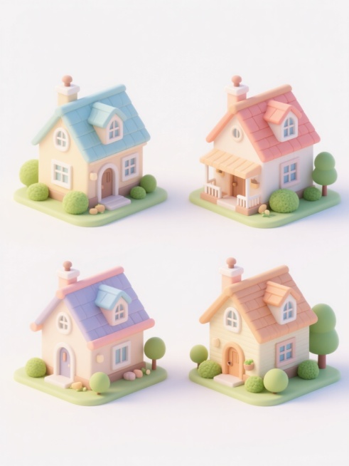 4个不同样式的3D可爱风别墅，白色背景，排列整齐，每个别墅都有独特的屋顶设计和窗户造型，色彩明快柔和，带有精致的阳台和烟囱细节，周围点缀着小巧圆润的绿色灌木和树木，整体呈现出卡通化的立体感和温馨的居家氛围，光影明亮柔和，边缘清晰平滑，具有可爱的Q版设计风格。预览效果