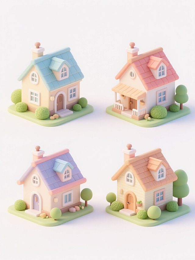 4个不同样式的3D可爱风别墅，白色背景，排列整齐，每个别墅都有独特的屋顶设计和窗户造型，色彩明快柔和，带有精致的阳台和烟囱细节，周围点缀着小巧圆润的绿色灌木和树木，整体呈现出卡通化的立体感和温馨的居家氛围，光影明亮柔和，边缘清晰平滑，具有可爱的Q版设计风格。