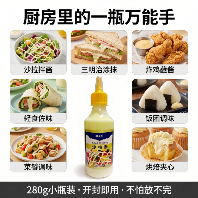 [主图 5] 多用途展示图，酱多邦沙拉酱多功能主图。
[氛围风格] 清新实用风，展示多样用法
[画质] 商业摄影质感、光线柔和通透、产品清晰真实、画面干净高级
[元素] 顶部大标题文字"厨房里的一瓶万预览效果
