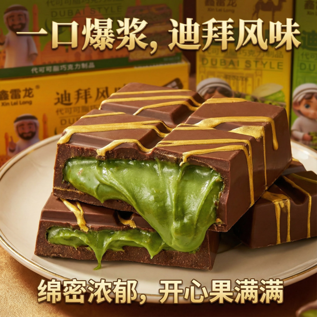 这张图片是产品主体这款产品是迪拜巧克力， 产品克重分别是45克和25克，口味有榛子味和开心果味    我需要设计20张主图在拼多多上面售卖 主图场景布局能用到的多场景元素布局显得高级一些      场预览效果