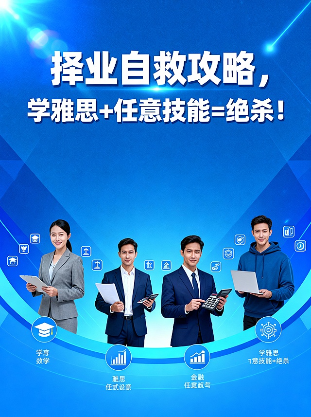 把这5个人物做成一张海报；海报标题是：择业自救攻略，学雅思+任意技能=绝杀！，画面比例是1240x1660px