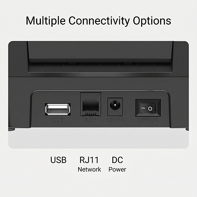 [Main image 5] ST-V70 Multi-currency Detector rear interface detail display image. Interface detail display, professional simple style. Clear close-up, commercial photography, interface text clear identification. The rear interface area of the product is placed in the center of the picture, close-up amplification displays USB, RJ11, power interface and power switch. Maintain the position, size, text identification of each interface and the input image consistent. Background light gray, highlighting the interface area. Even front light, each interface is clearly defined, no shadow occlusion. Light gray background, black body, white engraving text, clear contrast. Front close-up, the interface area is the visual center. Top title: Multiple Connectivity Options, below each interface corresponds to a small text description USB / RJ11 Network / DC Power, clear typesetting. 1:1 proportion, 2048px resolution, ultra HD. Negative prompt: Interface dislocation, text blur, deformation, watermark, background clutter.