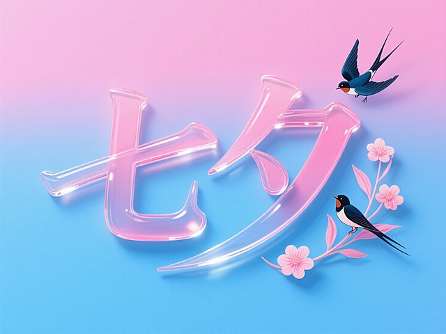 横向磨砂玻璃质感的文字"七夕"。创意字体设计点缀两只喜鹊、花朵元素，线条流畅，高级感，蓝粉色背景，高纯度配色。