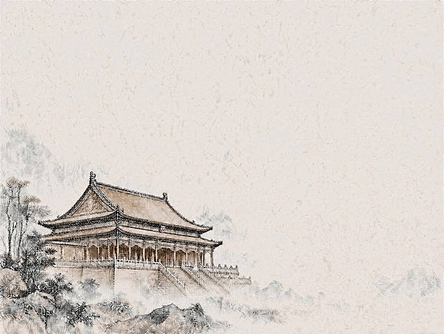 在图1水墨画基础上做局部修改：将宫殿正门上方屋檐中央的圆形装饰区域再缩小一半（约为当前尺寸的一半），继续保持低饱和度淡色、居中、融入建筑色调；建筑其他部分、背景留白、远山、植被、透视全部保持不变，整体仍为水墨画风格。