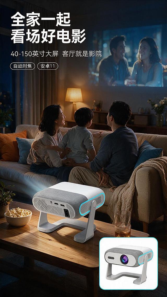 [商品] 使用【图1】【图2】白色圆角机身+灰色织物顶盖+银灰U型支架便携投影仪，保留白机、织物、U型支架、青色LED氛围灯。
[画面] 家庭使用页：温馨客厅夜景，一家人（无正脸）坐在沙发上看墙面投影电影，投影仪在茶几上运行，光线温馨；画面占满，投影画面明亮，右下角产品特写角标。
[视觉] 风格=现代科技家居；暖色观影光+蓝黑环境；标题白粗体；强调色=青色；左前侧冷白主光。
[文字] 主标题“全家一起 看场好电影”白色粗体横排；副标题“40-150英寸大屏 客厅就是影院”浅灰白；小标签“自动对焦”“安卓11”白色横排；无错字。
[规格] 9:16竖版，中文横排无错字，禁止竖排、错字、乱码、模糊、水印、平台Logo、绝对化用语。