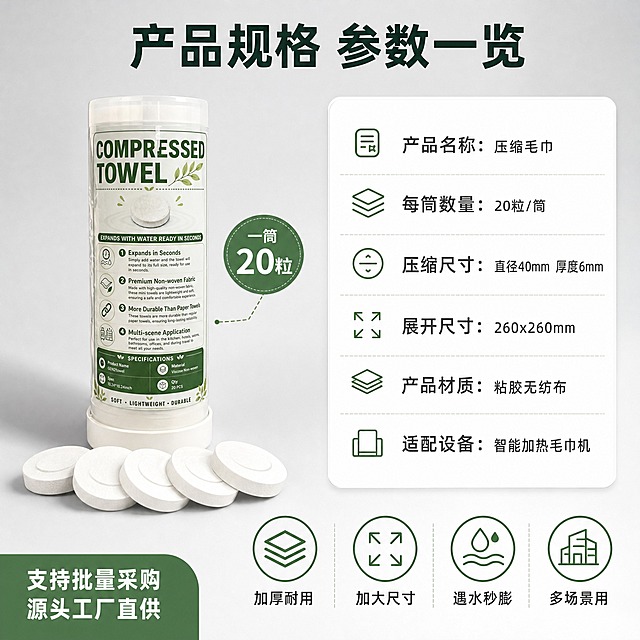 [主图-5] 规格参数与套餐决策图，展示产品详细参数和一筒20粒的量感。
[统一基调] 1688 B端源头感，洁净实用风格，背景以浅灰渐变为主，标题字色深墨绿，辅助字色深灰，强调色清新绿，字体为无衬线粗体，字号层级分明，图标为简约线性图标，整体清爽通透、专业靠谱。
[画面] 画面采用左产品右参数的布局：左侧约45%区域，一筒压缩毛巾直立放置在中央，筒身前下方整齐排列着5粒白色压缩毛巾饼，呈扇形散开，展示产品形态，旁边标注"一筒20粒"的数量信息；右侧约55%区域为参数信息卡，用简洁的图标+文字形式列出核心规格参数，参数卡背景为白色圆角卡片，有轻微阴影；底部横向排列4个圆形图标，分别代表4个核心优势：加厚材质、加大尺寸、遇水即膨、多场景适用。
[光影质感] 商业产品摄影质感，产品在浅灰背景下有柔和接触阴影，筒身透明包装有自然高光，压缩毛巾饼排列整齐，边缘清晰，参数卡片有轻微悬浮感阴影。
[配色] 背景浅灰渐变，产品本白+绿色标签，参数卡白底深字，图标和强调色用清新绿，整体干净专业。
[文字版式] 顶部居中大标题："产品规格 参数一览"，字体粗黑无衬线；右侧参数卡内分条列出："产品名称：压缩毛巾""每筒数量：20粒/筒""压缩尺寸：直径40mm 厚度6mm""展开尺寸：260x260mm""产品材质：粘胶无纺布""适配设备：智能加热毛巾机"；底部4个圆形图标分别配词："加厚耐用""加大尺寸""遇水秒膨""多场景用"；左下角标注"支持批量采购 源头工厂直供"的B端信息。
[输出要求] 比例1:1，2048x2048，文字清晰可读，产品清晰完整不变形，无错字，无水印，无平台Logo，无多余杂物，信息排版整齐专业。